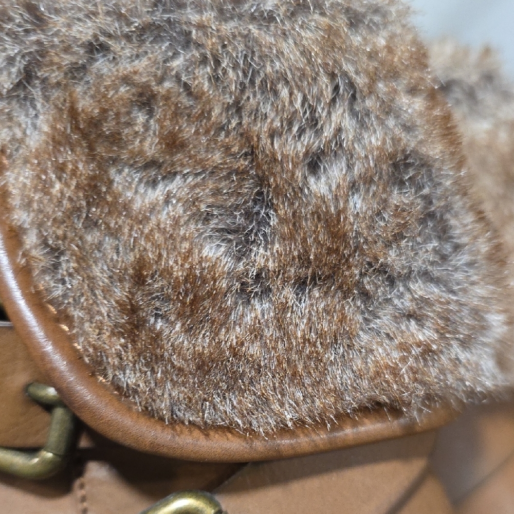 JustFab McKinley Brown Block 3 Inch Heel Boots with Faux Fur Cuff - Picture 13 of 15